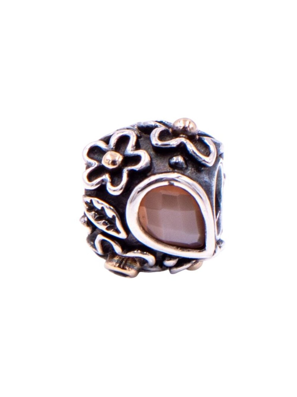 Pandora Retired Dew Drops on Flowers 925 14K Gold Moonstone Onyx Charm